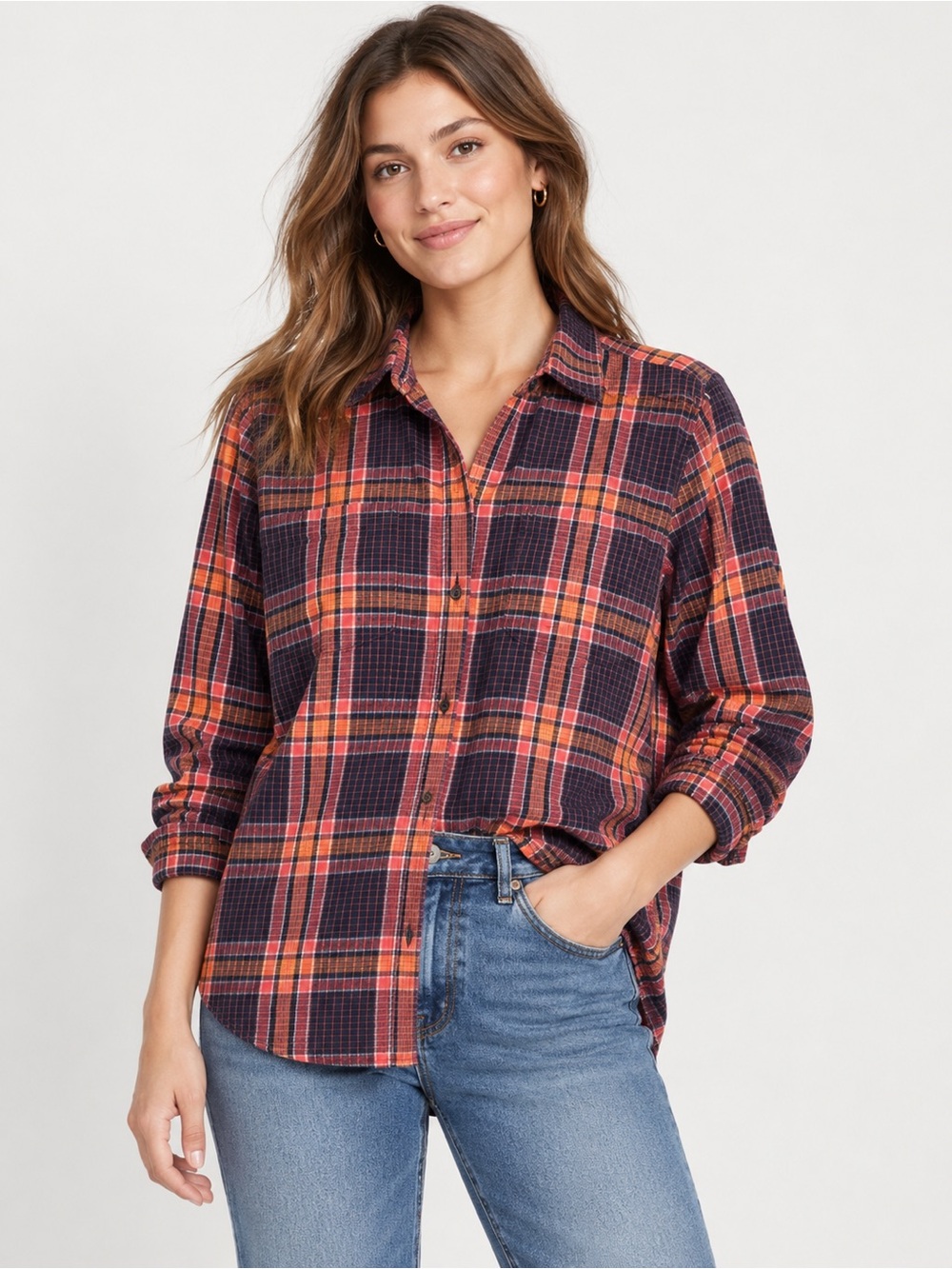Madewell Classic Plaid Flannel Button Down Shirt Size Large Red Navy Orange